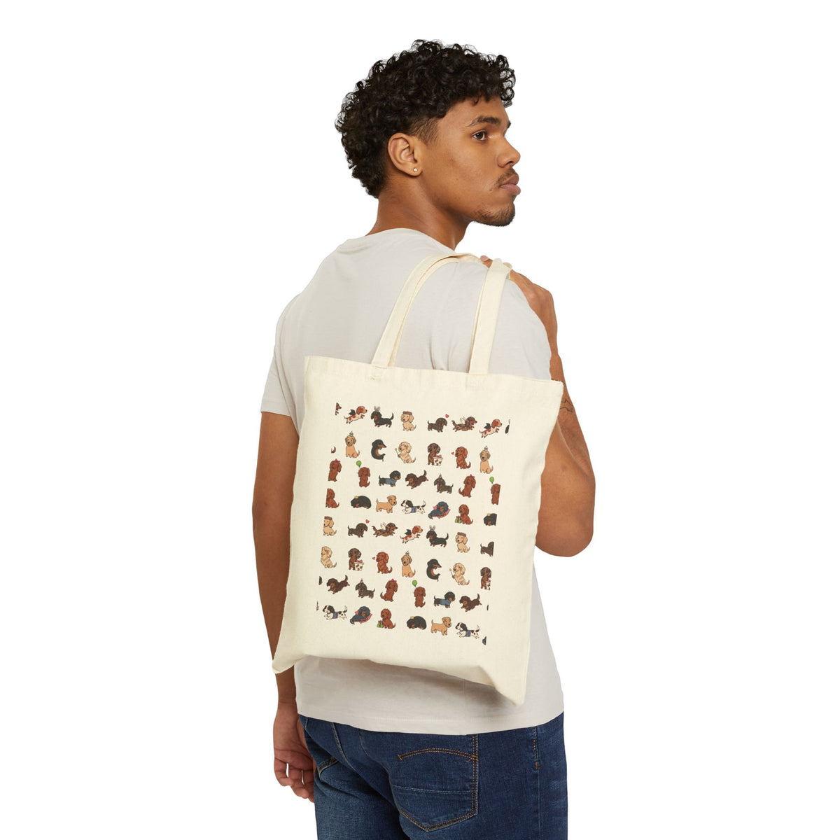 Dachshund Pattern Canvas Tote Bag — Cute Wiener Dog Print Reusable Shopper