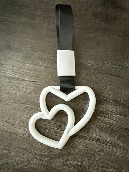 White Double Heart Tsurikawa Ring - Interlocking Heart JDM Drift Handle - Aesthetic Car Charm