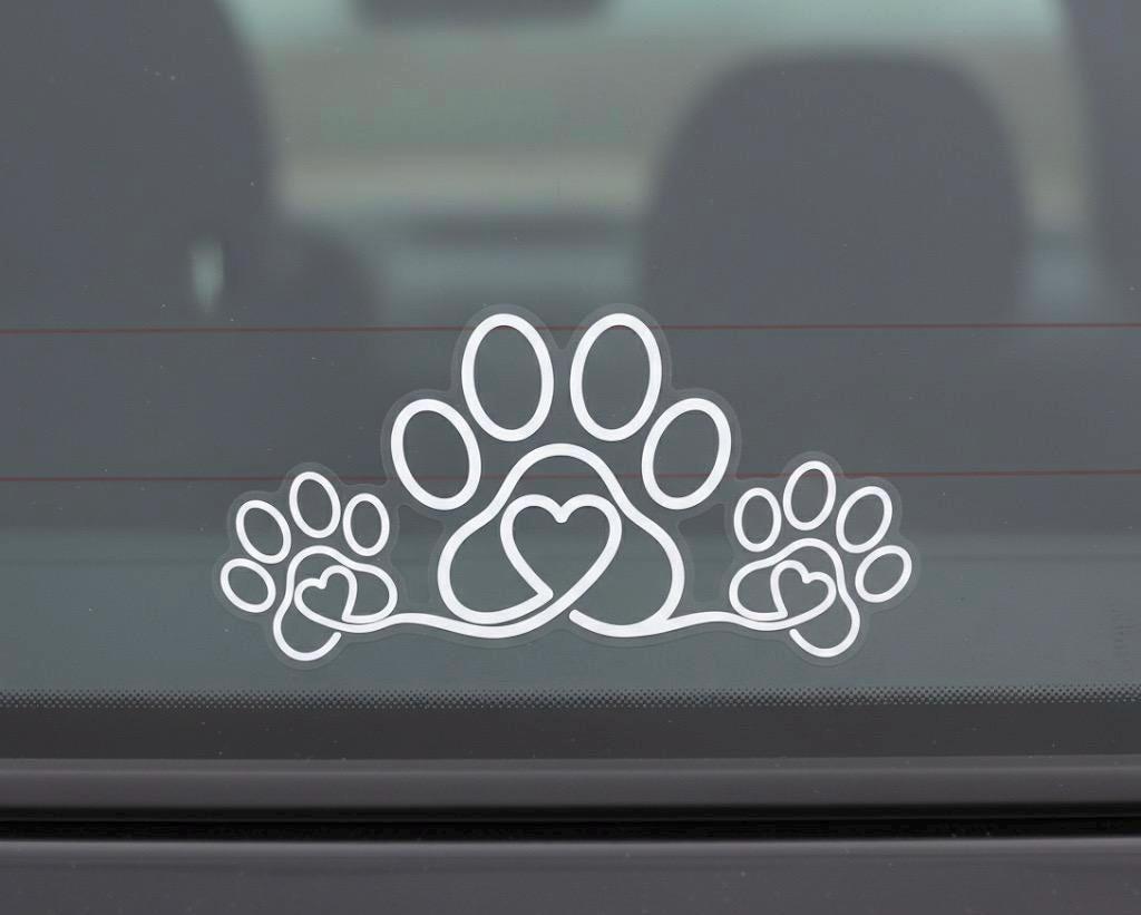 White Heart Paw Print Car Decal | Dog Lover Vinyl Sticker | Paw Prints with Hearts Window Decal for Truck, car, cup, laptop