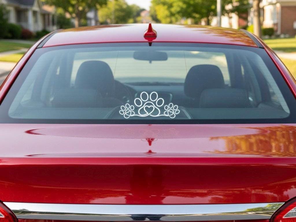 White Heart Paw Print Car Decal | Dog Lover Vinyl Sticker | Paw Prints with Hearts Window Decal for Truck, car, cup, laptop