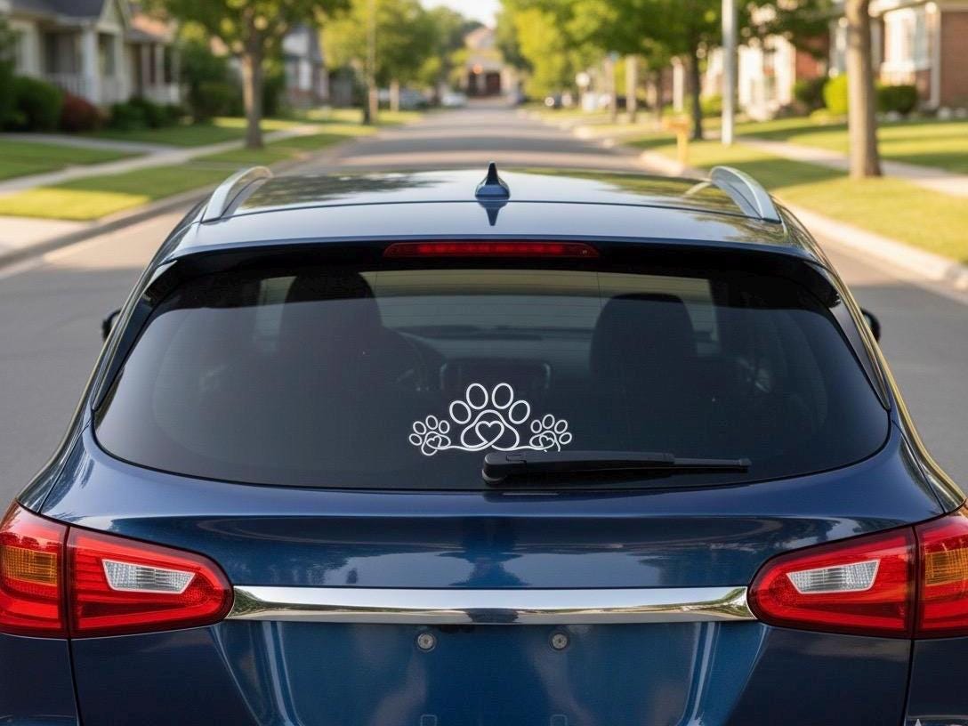 White Heart Paw Print Car Decal | Dog Lover Vinyl Sticker | Paw Prints with Hearts Window Decal for Truck, car, cup, laptop