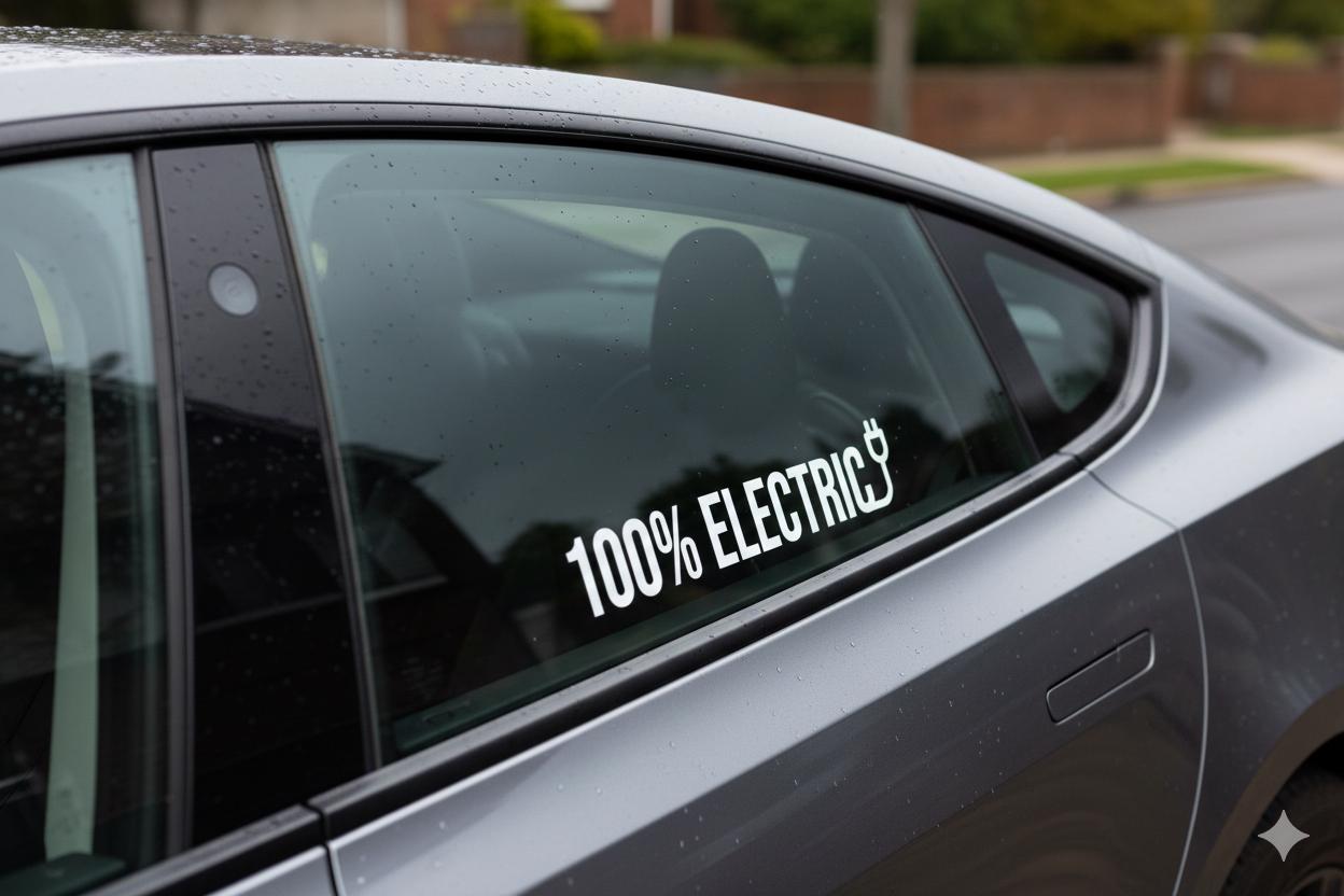 100% Electric Vinyl Decal - EV Car Sticker for Tesla, Rivian, Lucid - Eco Friendly Gift for Electric Vehicle Owners - Modern Window Graphics