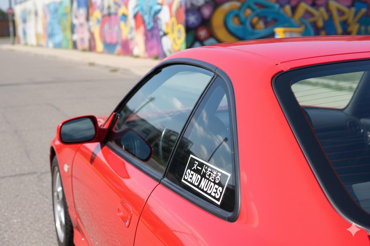 JDM Sticker for Car Window, Send Nudes Decal Japanese Katakana, Funny Drift Accessories, Vinyl Bumper Sticker, Aesthetic Streetwear Decal