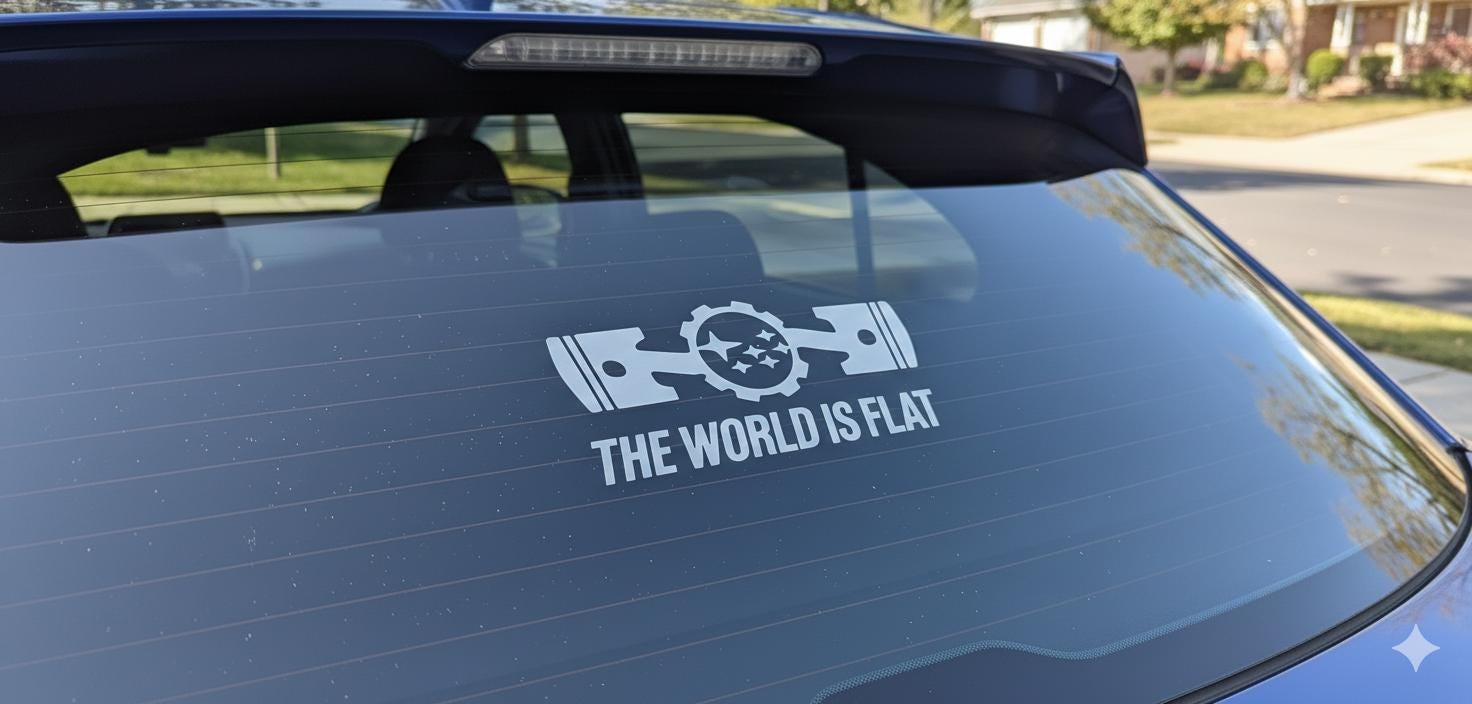 The World Is Flat Subaru Sticker - Custom Piston & Gear Vinyl Decal for Car Windows - JDM Drift Decal - Subaru Accessories