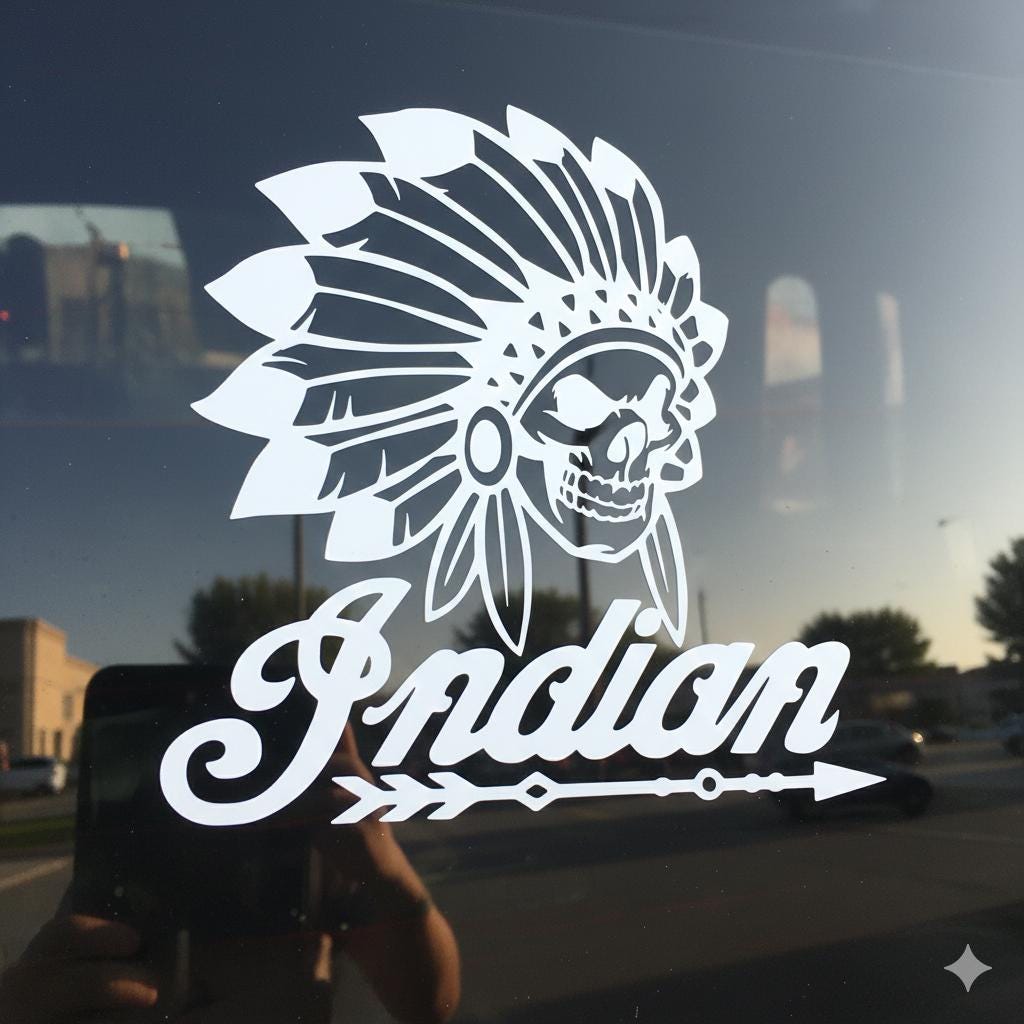 Indian Motorcycle Skull Decal - Headdress Skull Vinyl Sticker for Car Window, Laptop, or Helmet - Native American Style Chief Skull Decal