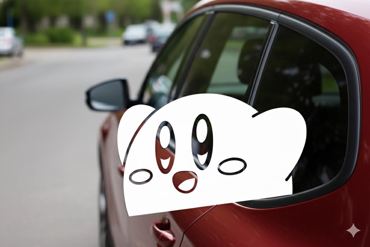 Kirby Peeking Car Decal - Cute White Vinyl Sticker for Windows, Laptops, & Water Bottles - Kawaii Nintendo Inspired Peekaboo Decal