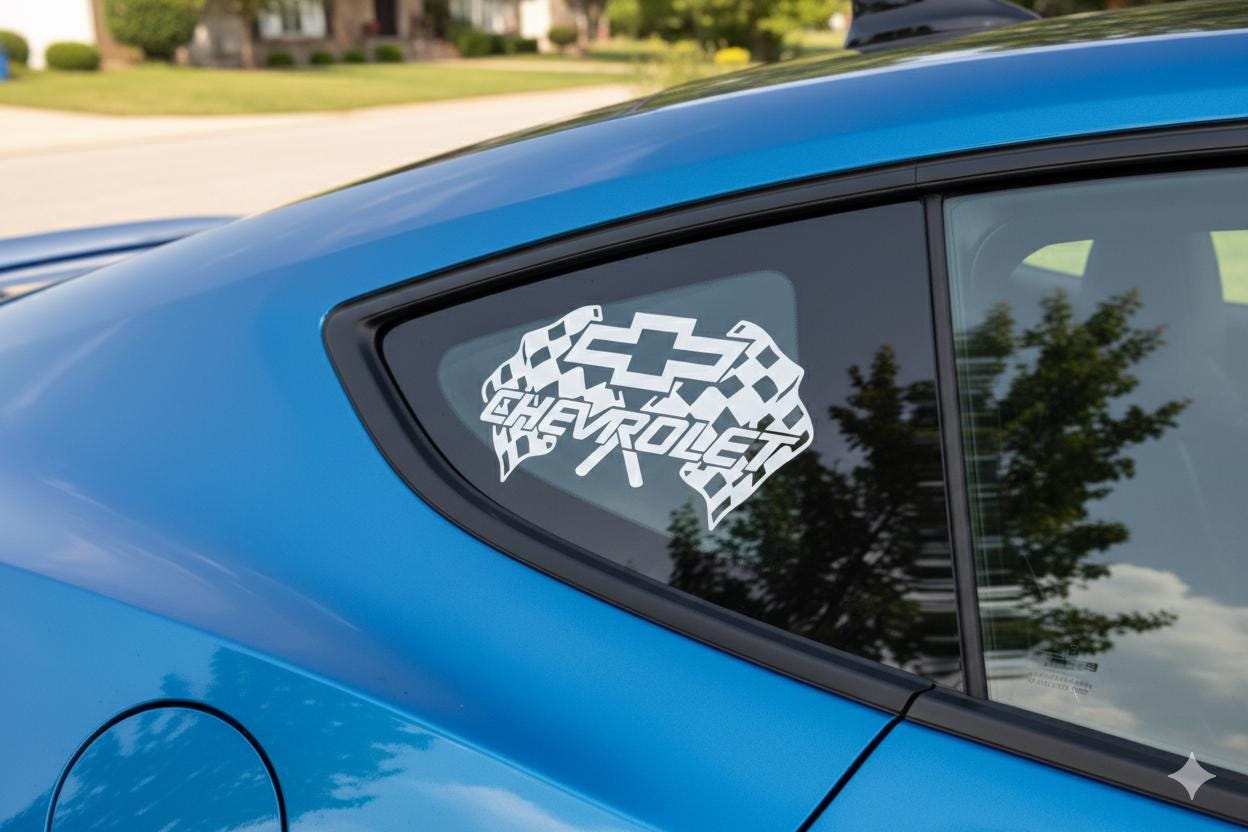 Chevrolet Racing Decal -  Vinyl Sticker for Car Windows, Trucks, and Toolboxes - Chevy Bowtie with Checkered Flags - Chevy lover gift