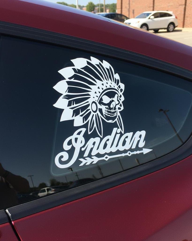 Indian Motorcycle Skull Decal - Headdress Skull Vinyl Sticker for Car Window, Laptop, or Helmet - Native American Style Chief Skull Decal