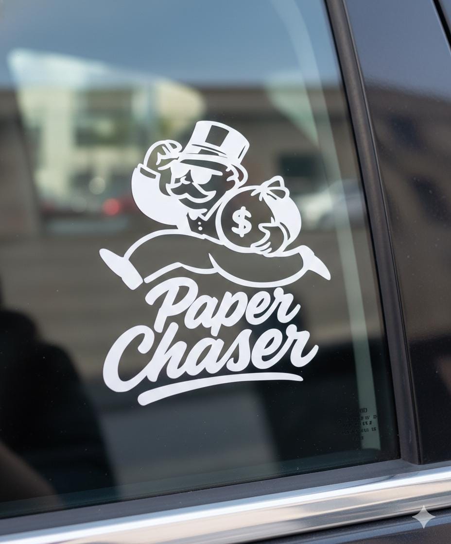 Paper Chaser Money Man Vinyl Decal - Monopoly Inspired Hustle Sticker for Car Windows, Laptops, & Tumblers - White Waterproof Hustle Decal