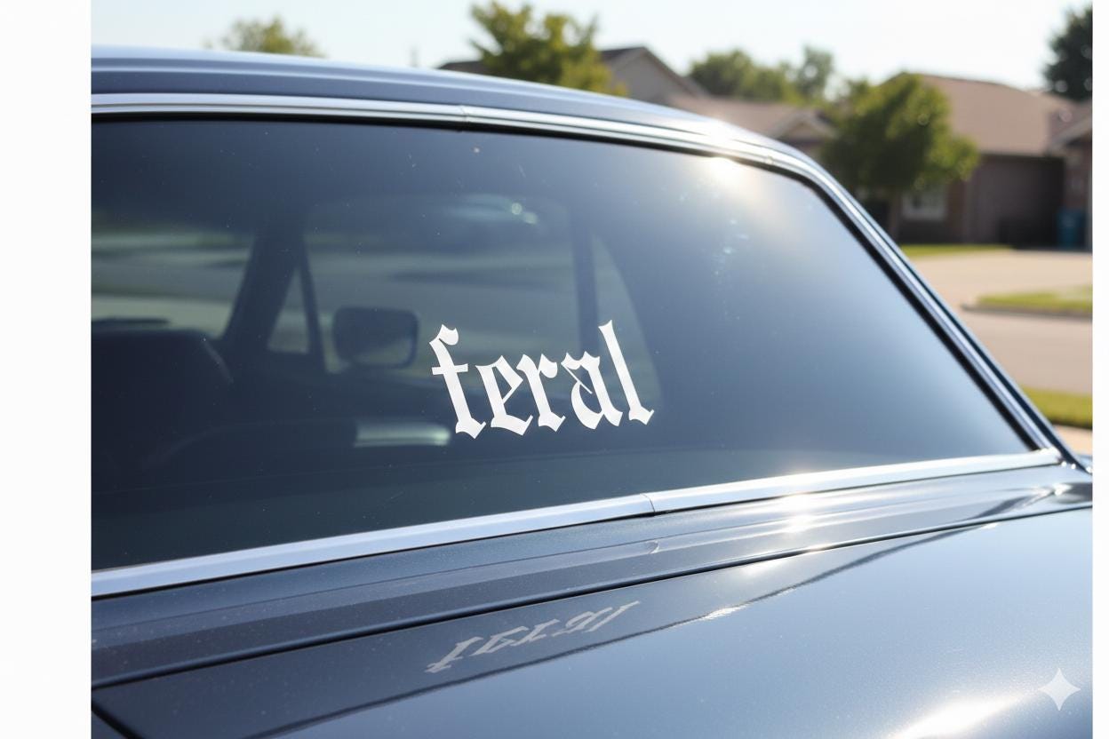Feral Sticker for Car Window, Gothic Vinyl Decal, Old English Lettering, Alt Aesthetic Bumper Sticker, White Waterproof Vinyl, Gift for her