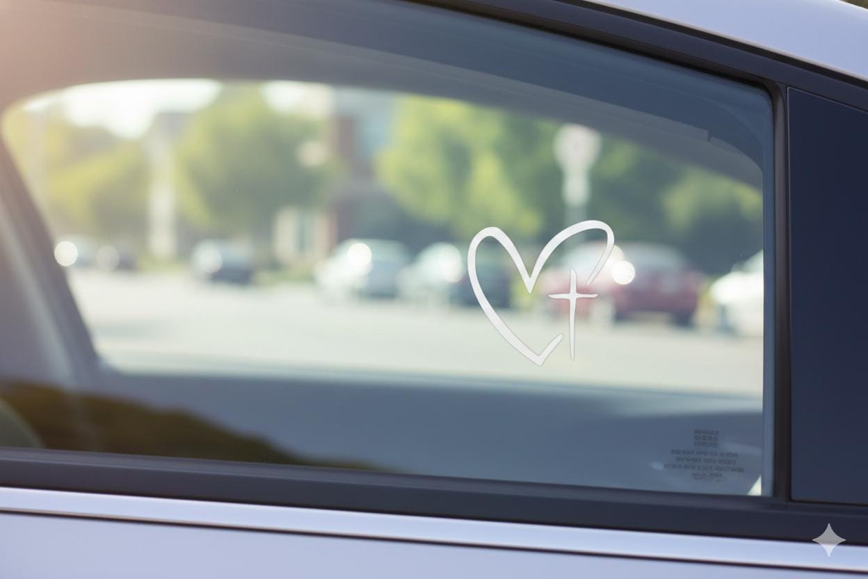 Heart with Cross Decal - Christian Vinyl Sticker for Car Window, Laptop, or Water Bottle - Minimalist Religious Gift for Her - Faith Based