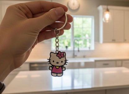 3D Printed Hello Kitty Keychain – Cute Enamel-Style Bag Charm, Pink Floral hello Kitty Key Ring