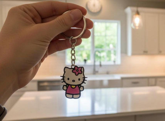 3D Printed Hello Kitty Keychain – Cute Enamel-Style Bag Charm, Pink Floral hello Kitty Key Ring