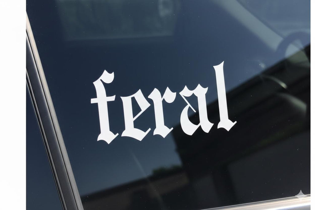 Feral Sticker for Car Window, Gothic Vinyl Decal, Old English Lettering, Alt Aesthetic Bumper Sticker, White Waterproof Vinyl, Gift for her